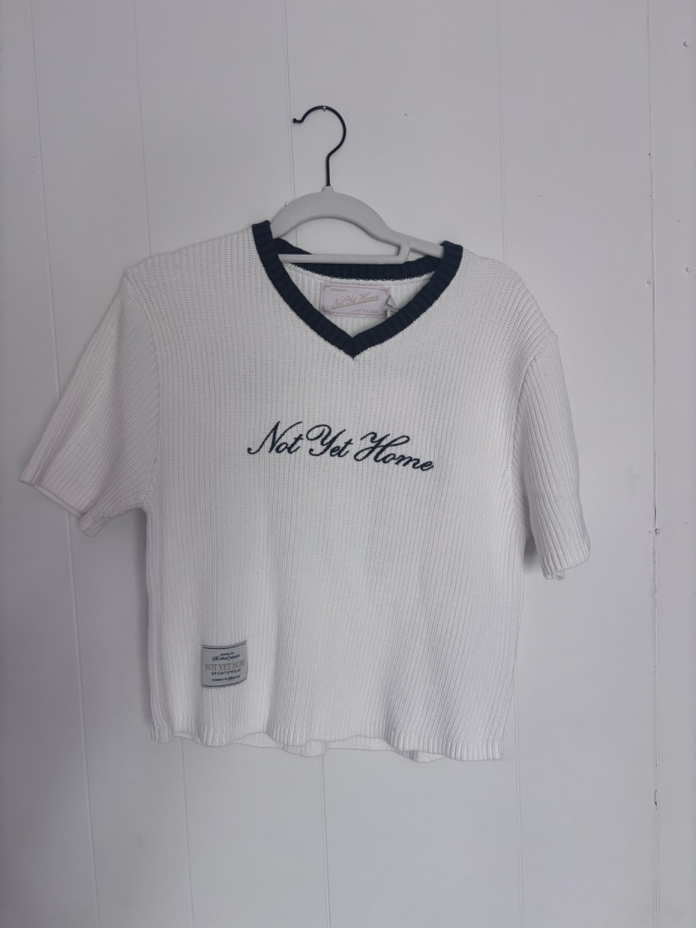 White Knit V-Neck Tee with Navy Trim - Kids